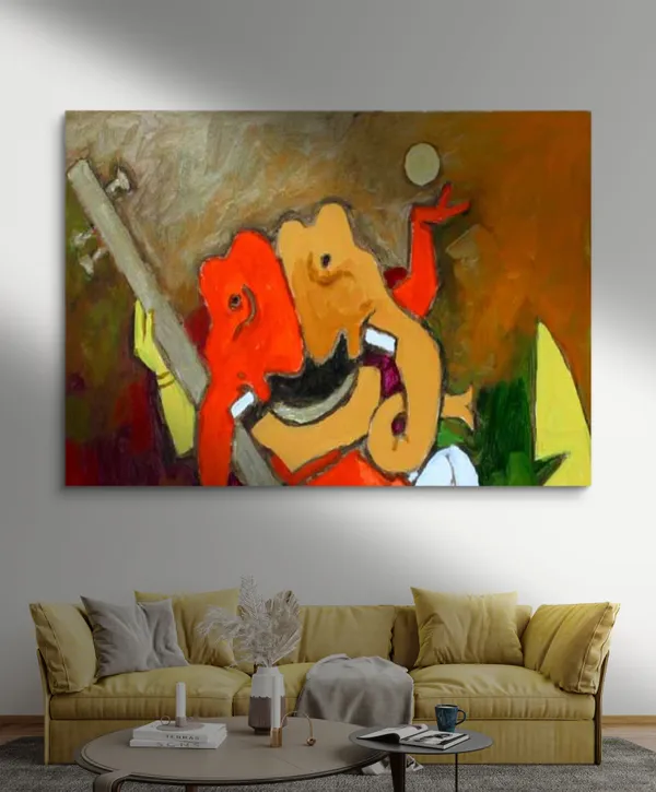 *Ganesh_Playing_Veena*-_M.F._Husain's_Painting,_Unframed_Canvas_Print,_Wall_Decor,_Multicolour