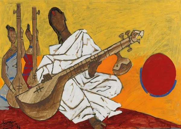 *Sitar_Player_Lady*-_M.F._Husain's_Painting,_Unframed_Canvas_Print,_Wall_Decor,_Multicolour