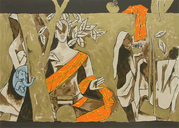 *Buddha_&_Tree_of_Knowledge*-_M.F._Husain's_Painting,_Unframed_Canvas_Print,_Wall_Decor,_Multicolour
