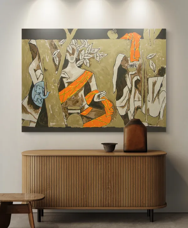 *Buddha_&_Tree_of_Knowledge*-_M.F._Husain's_Painting,_Unframed_Canvas_Print,_Wall_Decor,_Multicolour