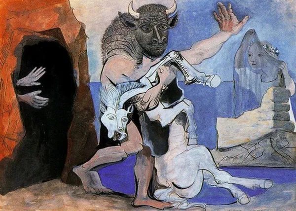 Minotaur,_Dead_Mare_&_a_Cave_(1936_),_A_Painting_by_Picasso,_Unframed_Canvas_Print,_Multicolor