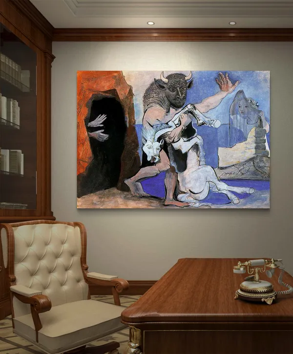 Minotaur,_Dead_Mare_&_a_Cave_(1936_),_A_Painting_by_Picasso,_Unframed_Canvas_Print,_Multicolor