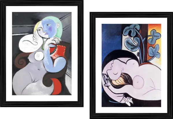 �Nude_Women_in_Red_&_Black_Chairs_,_Paintings_by_Pablo_Picasso,_Framed,_Set_of_2,_Multicolor