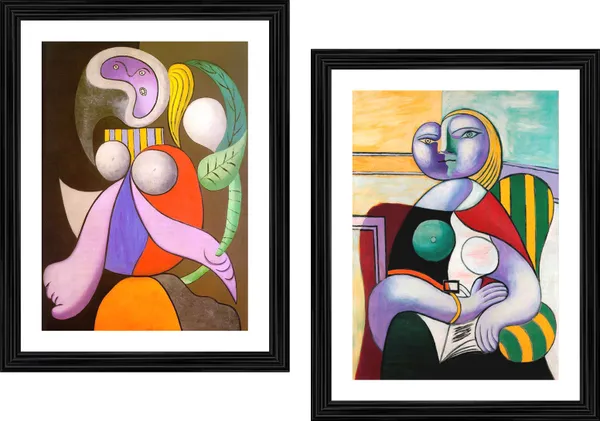 �Woman_with_A_Flower_&_Reading_,_Paintings_by_Pablo_Picasso,_Framed,_Set_of_2,_Multicolor