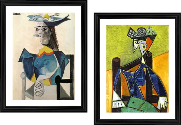 �Women_in_a_Fish_Hat_&_Armchair_,_Paintings_by_Pablo_Picasso,_Framed,_Set_of_2,_Multicolor