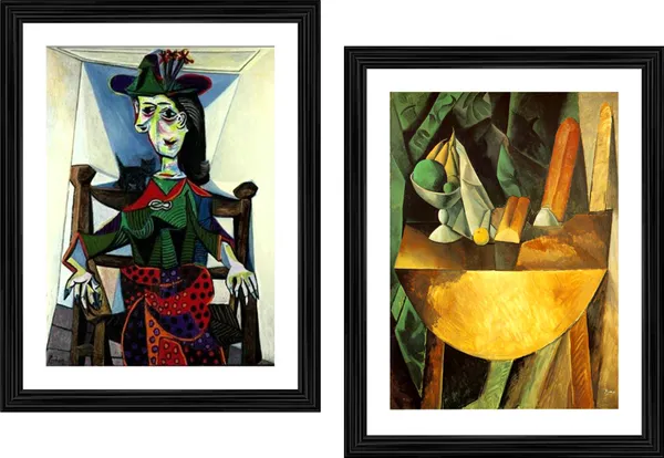 �Woman_in_Flowered_Hat_&_Dish_on_a_Table,_Paintings_by_Pablo_Picasso,_Framed,_Set_of_2,_Multicolor