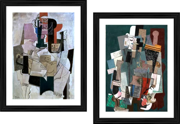 Fruit_Bowl,_Violin_and_Bottle,_Man_with_a_Pipe,_Paintings_by_Pablo_Picasso,_Framed,_Set_of_2,_Multicolor
