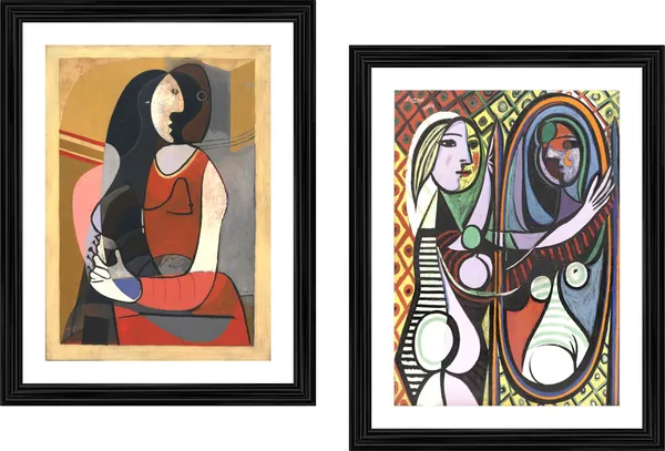 Seated_Woman_&_Girl_Before_A_Mirror,_Paintings_by_Pablo_Picasso,_Framed,_Set_of_2,_,_Multicolor