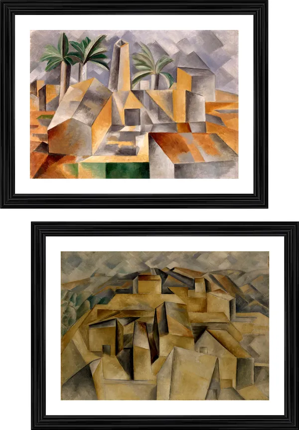 �Factory_at_Horto_De_Ebro_&_Houses_on_the_Hill,_Paintings_by_Pablo_Picasso,_Framed,_Set_of_2,_Multicolor