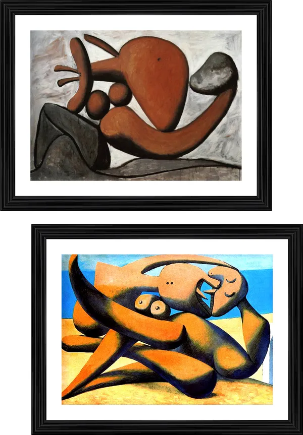 �Woman_Throwing_A_Stone_&_Figure_at_the_Seaside,_Paintings_by_Pablo_Picasso,_Framed,_Set_of_2,_Multicolor