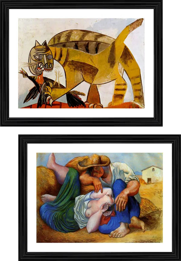�Cat-Devouring_A_Bird_&_Sleeping_Peasants,_Paintings_by_Pablo_Picasso,_Framed,_Set_of_2,_Multicolor