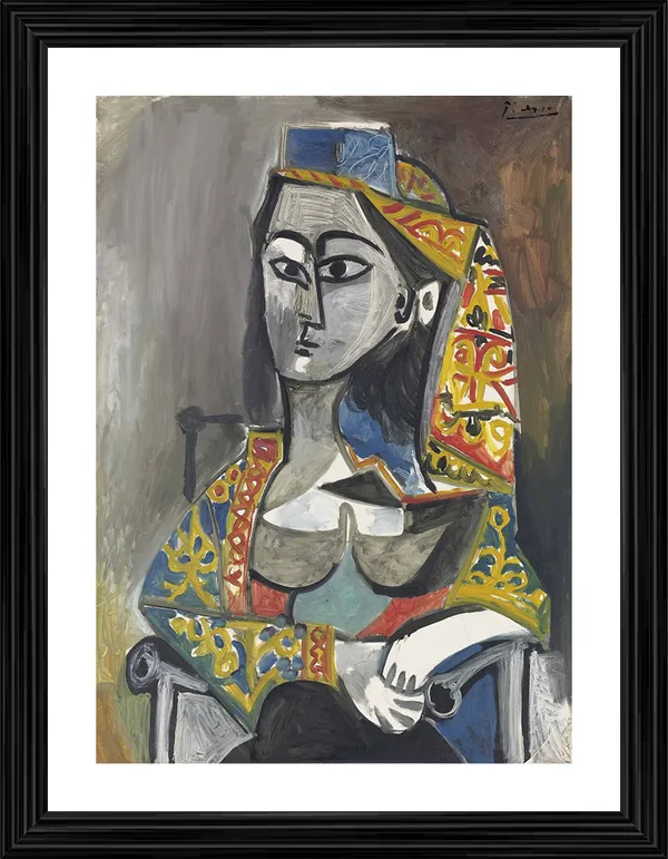 Woman_in_Turkish_Costume_in_A_Chair_1955,_A_Painting_by_Pablo_Picasso,_Framed,_Wall_Decor,_Multicolor
