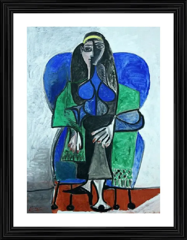Seated_Woman_with_Green_Shawl_1960,_A_Painting_by_Pablo_Picasso,_Framed,_Wall_Decor,_Multicolor