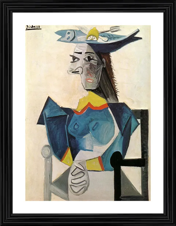 Woman_in_A_Fish_Hat_1942,_A_Painting_by_Pablo_Picasso,_Framed,_Wall_Decor,_Multicolor
