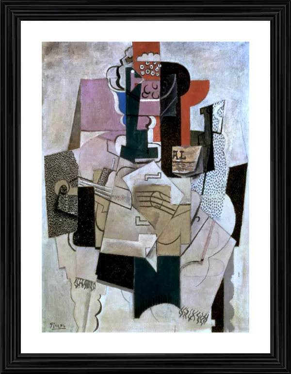 Bowl_of_Fruit_Violin_and_Bottle_1914,_A_Painting_by_Pablo_Picasso,_Framed,_Wall_Decor,_Multicolor