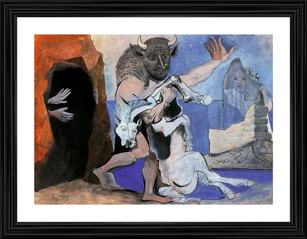 Minotaur_with_Dead_Mare_in_Front_of_A_Cave_1936_,_A_Painting_by_Pablo_Picasso,_Framed,_Wall_Decor,_Multicolor