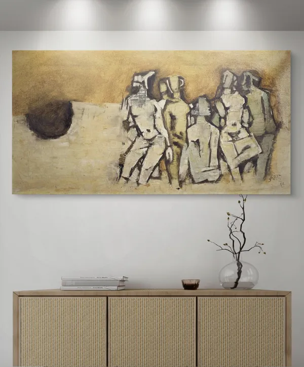 The_Community_(India_Series_Paintings)-_M.F._Husain's_Painting,_Framed_Canvas,_Wall_Decor,_Multicolor