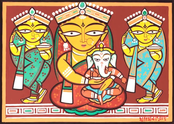 Parvati-Ganesh*,_A_Painting_by_Jamini_Roy,_Unframed_Canvas_Print,_Multicolor
