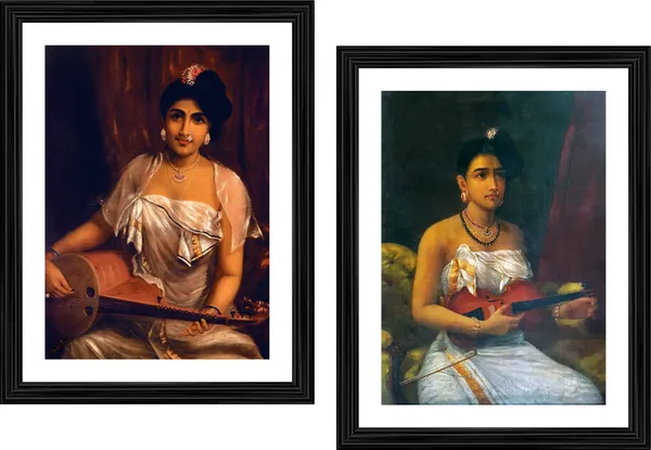 �Women_with_Veena_&_Violin,_Raja_Ravi_Varma_Paintings,_Set_of_2,_Framed,_Multicolor