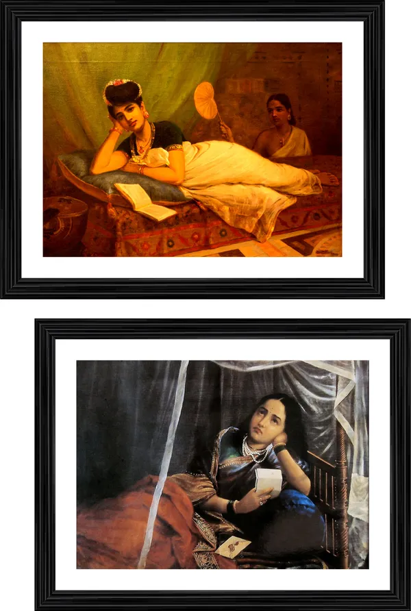 �Women_in_Deep_Thoughts_of_Love,_Raja_Ravi_Varma_Paintings,_Set_of_2,_Framed,_Multicolor