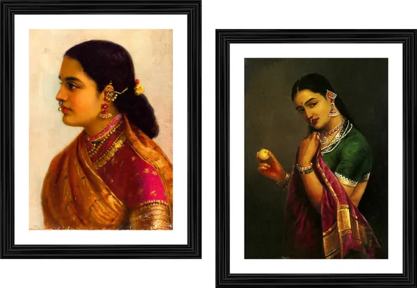 Women_in_Red_Sarees,_Raja_Ravi_Varma_Paintings,_Set_of_2,_Framed,_Multicolor
