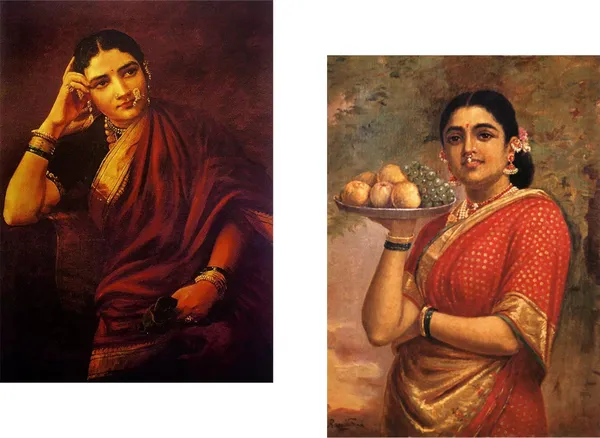 Maharashtrian_Women,_Raja_Ravi_Varma_Paintings,_Set_of_2,_Framed_Canvas,_Multicolor