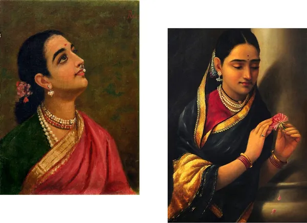 Mahashtrian_Lady_&_A_Stolen_Meeting,_Raja_Ravi_Varma_Paintings,_Set_of_2,_Framed_Canvas,_Multicolor