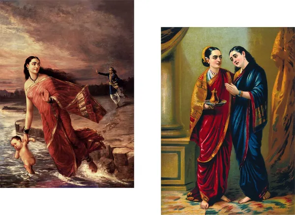 Ganga_&_Shantanu,_Raja_Ravi_Varma_Paintings,_Set_of_2,_Framed_Canvas,_Multicolor