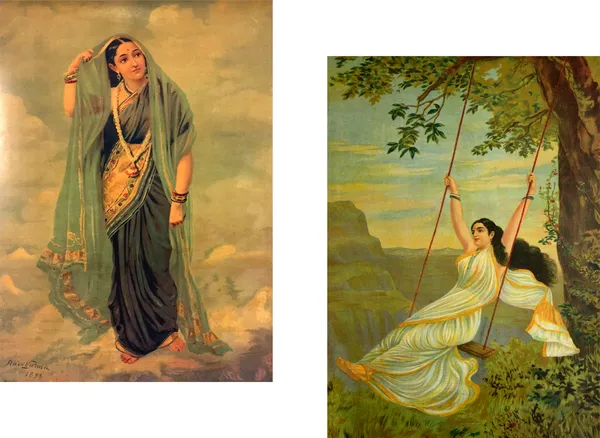 Rambha_and_Mohini,_Raja_Ravi_Varma_Paintings,_Set_of_2,_Framed_Canvas,_Multicolor