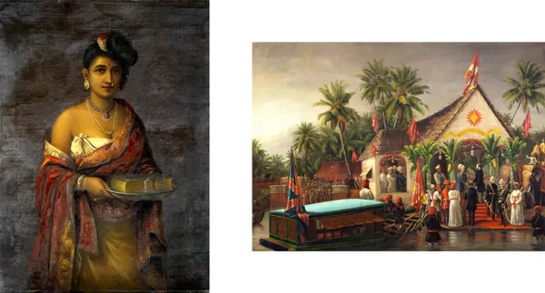 Queen_of_Travancore_&_A_Royal_Meeting,_Raja_Ravi_Varma_Paintings,_Set_of_2,_Framed_Canvas,_Multicolor