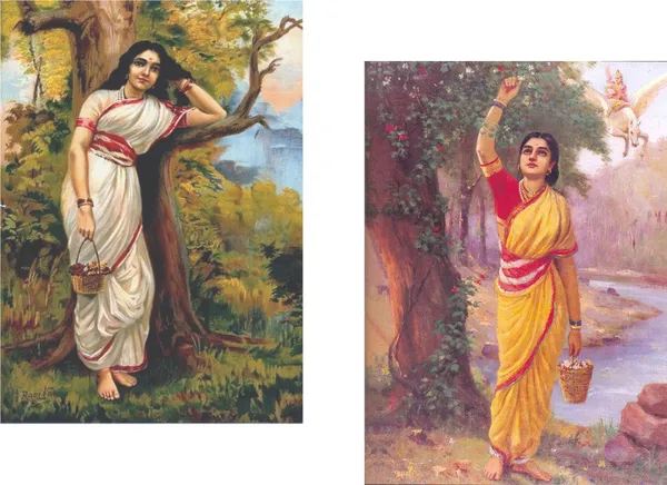 �Ahilya_in_Upwan,_Raja_Ravi_Varma_Paintings,_Set_of_2,_Framed_Canvas,_Multicolor