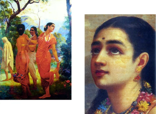 �Shakuntala_&_her_Companions,_Raja_Ravi_Varma_Paintings,_Set_of_2,_Framed_Canvas,_Multicolor