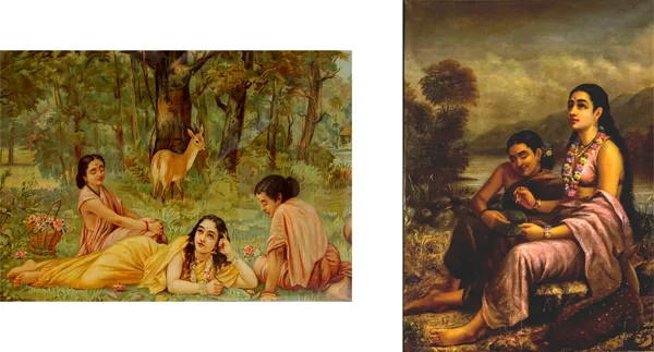 �Shakuntala_Writing_a_Loveletter_to_Dushyant,_Raja_Ravi_Varma_Paintings,_Set_of_2,_Framed_Canvas,_Multicolor