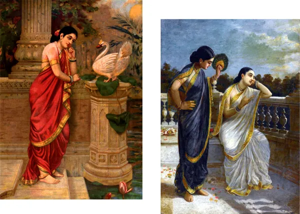 �_Hansa-Damayanti_&_Damayanti_Weeping,_Raja_Ravi_Varma_Paintings,_Set_of_2,_Framed_Canvas,_Multicolor