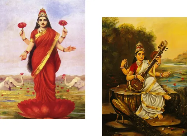 Saraswati_and_Lakshmi,_Raja_Ravi_Varma_Paintings,_Set_of_2,_Framed_Canvas,_Multicolor