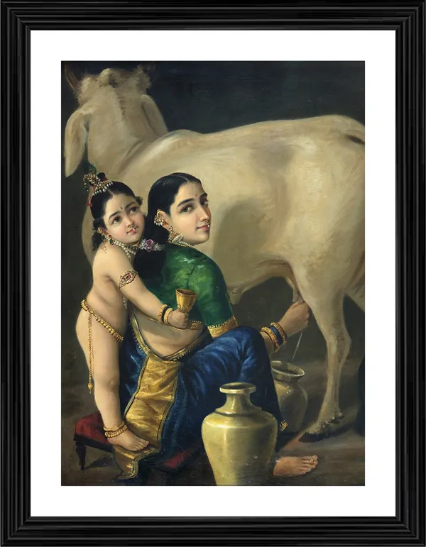 Yashoda_&_Bal-Krishna_with_a_Cow,_1870,_A_Raja_Ravi_Varma_Painting,_Framed,_Multicolor