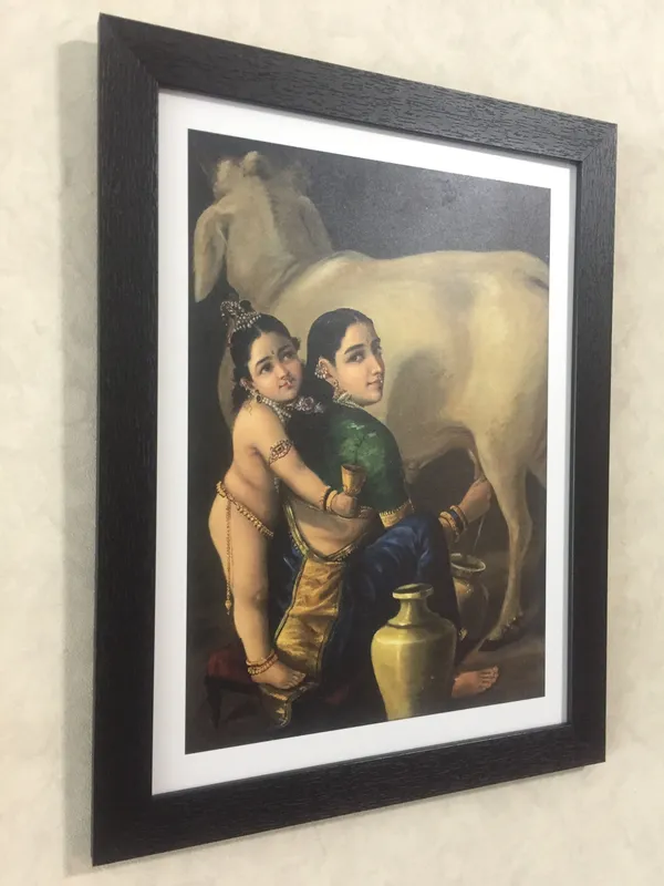 Yashoda_&_Bal-Krishna_with_a_Cow,_1870,_A_Raja_Ravi_Varma_Painting,_Framed,_Multicolor