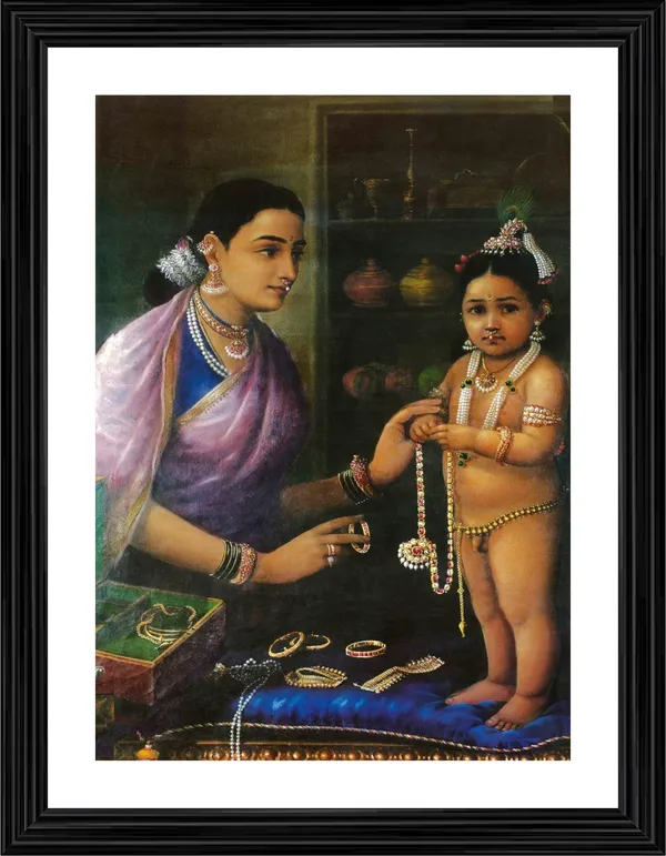 Yashoda_wearing_Bal-Krishna_Ornaments,_1879,_A_Raja_Ravi_Varma_Painting,_Framed,_Multicolor