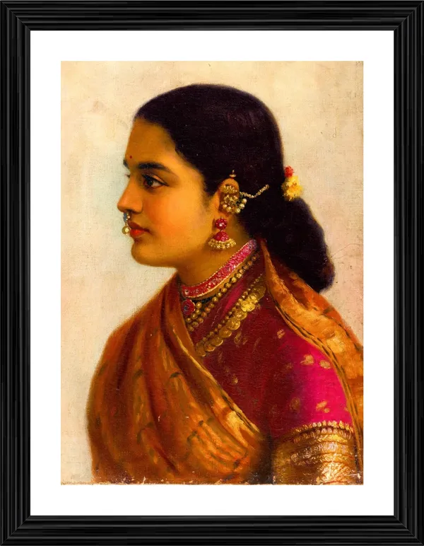 Lady_in_Crimson_Red_Saree,_1900,_A_Raja_Ravi_Varma_Painting,_Framed,_Wall_Decor,_Multicolor