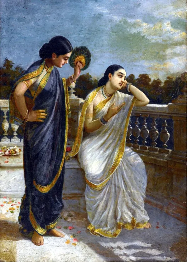 Damayanti_thinking_of_King_Nal,_1883,_A_Raja_Ravi_Varma_Painting,_Framed_Canvas,_Multicolor
