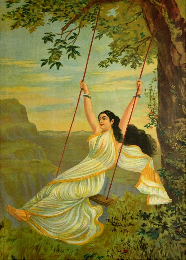 Mohini_on_a_Swing,_1894,_A_Raja_Ravi_Varma_Painting,_Framed_Canvas,_Wall_Decor,_Multicolor