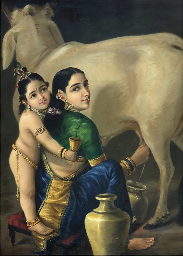Yashoda_&_Bal-Krishna_with_cow,_1870,_A_Raja_Ravi_Varma_Painting,_Framed_Canvas,_Multicolor