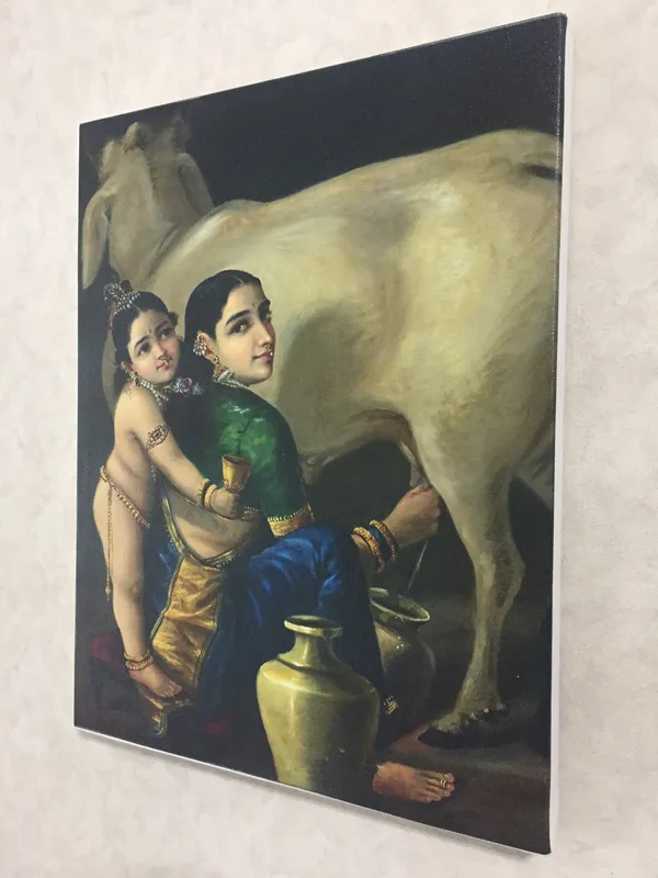 Yashoda_&_Bal-Krishna_with_cow,_1870,_A_Raja_Ravi_Varma_Painting,_Framed_Canvas,_Multicolor