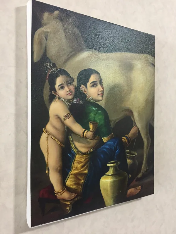 Yashoda_&_Bal-Krishna_with_cow,_1870,_A_Raja_Ravi_Varma_Painting,_Framed_Canvas,_Multicolor