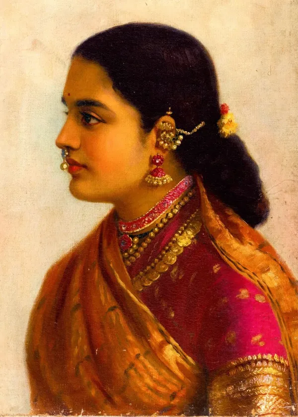 Lady_in_Crimson_Red_Saree,_1900,_A_Raja_Ravi_Varma_Painting,_Framed_Canvas,_Wall_Decor,_Multicolor