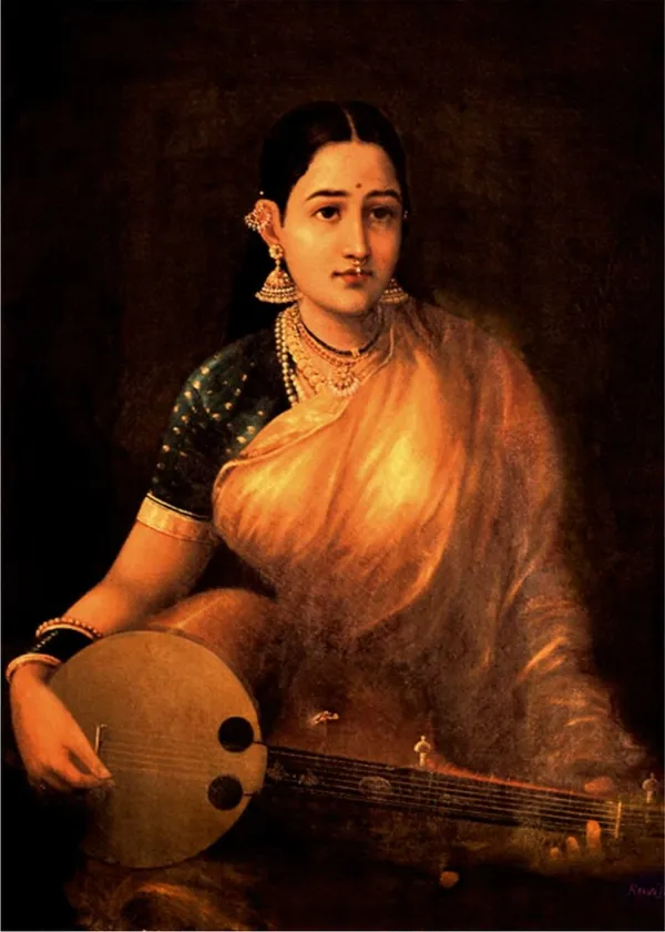 A_Lady_Playing_Swarbat_(1874),_A_Raja_Ravi_Varma_Painting,_Unframed_Canvas_Print,_Multicolor