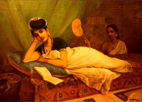 Reclining_Nayar_lady_(1902),_A_Raja_Ravi_Varma_Painting,_Unframed_Canvas_Print,_Multicolor