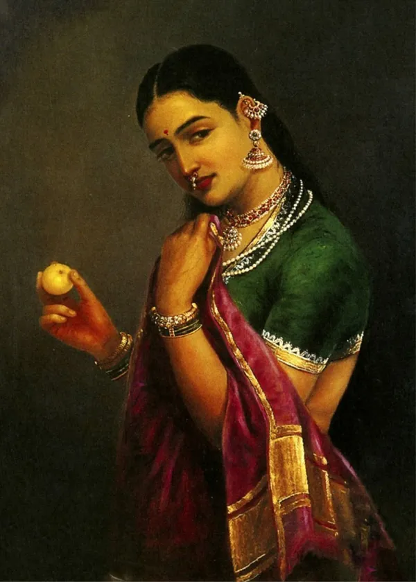 Lady_with_a_Fruit_(1893),_A_Raja_Ravi_Varma_Painting,_Unframed_Canvas_Print,_Multicolor