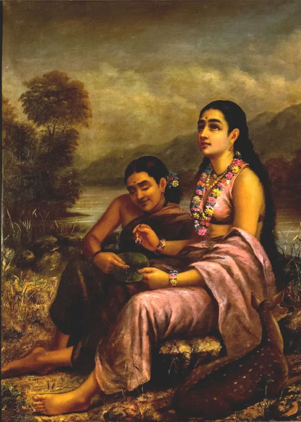 Shakuntala_writing_a_love_letter_(1900),_A_Raja_Ravi_Varma_Painting,_Unframed_Canvas_Print,_Multicolor