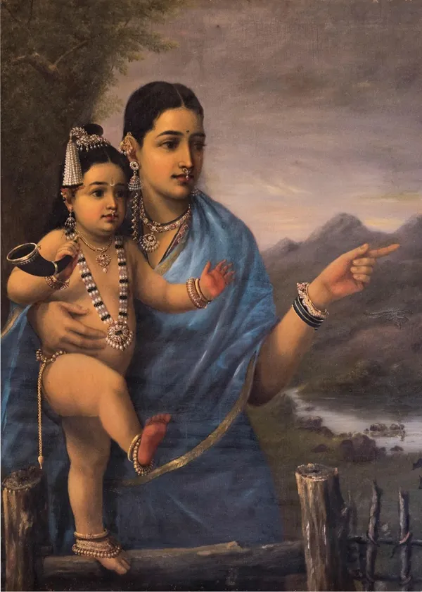 Yashoda_Pointing_out_to_Balakrishna_Cows_(1870),_A_Raja_Ravi_Varma_Painting,_Unframed_Canvas_Print,_Multicolor
